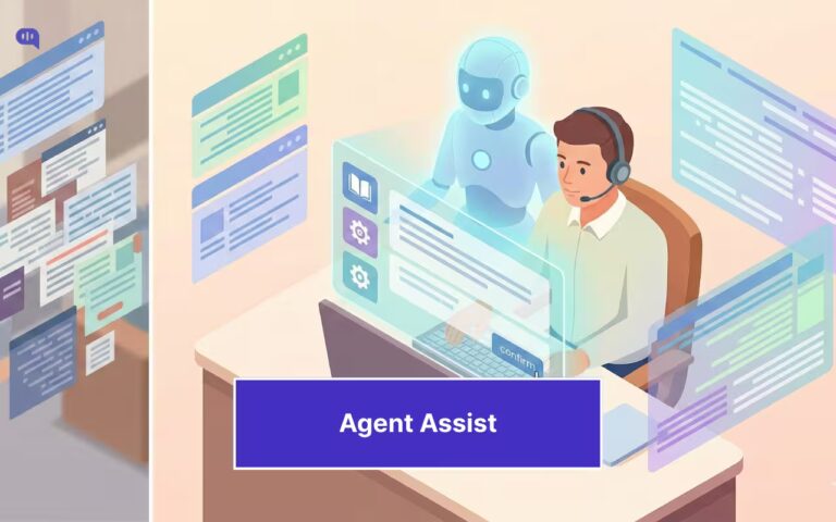 Illustration of a support agent at a desk with a headset, assisted by an AI robot surfacing knowledge articles and response suggestions on floating screens