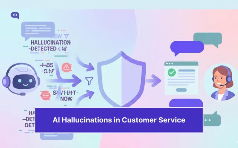 Conceptual illustration of detecting and containing AI hallucinations in customer support, showing an AI chatbot's output passing through a protective shield and filters before reaching a human agent for verification.