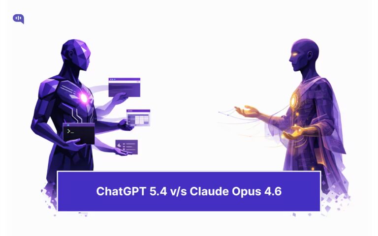 Illustration comparing ChatGPT 5.4 and Claude Opus 4.6: two AI humanoid figures facing off, one holding coding and CRM interfaces representing GPT-5.4's computer use, the other with a glowing knowledge aura representing Claude Opus 4.6's reasoning depth