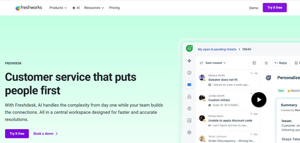 Freshdesk homepage with headline “Customer service that puts people first,” showing ticket dashboard interface and AI-powered support tools for managing customer queries.
