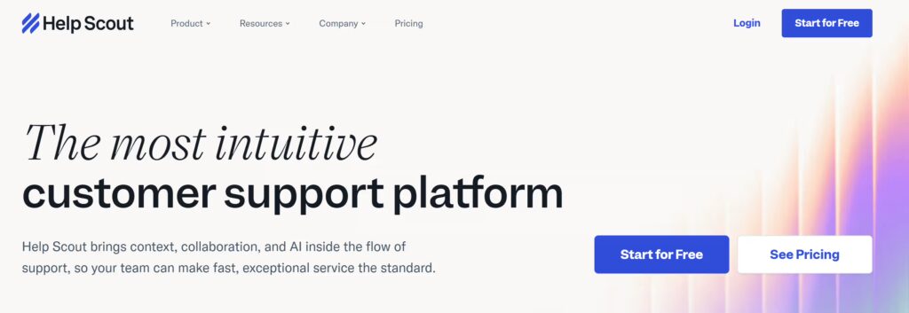 Help Scout homepage with headline “The most intuitive customer support platform,” featuring clean interface design and call-to-action buttons for starting a free trial or viewing pricing.