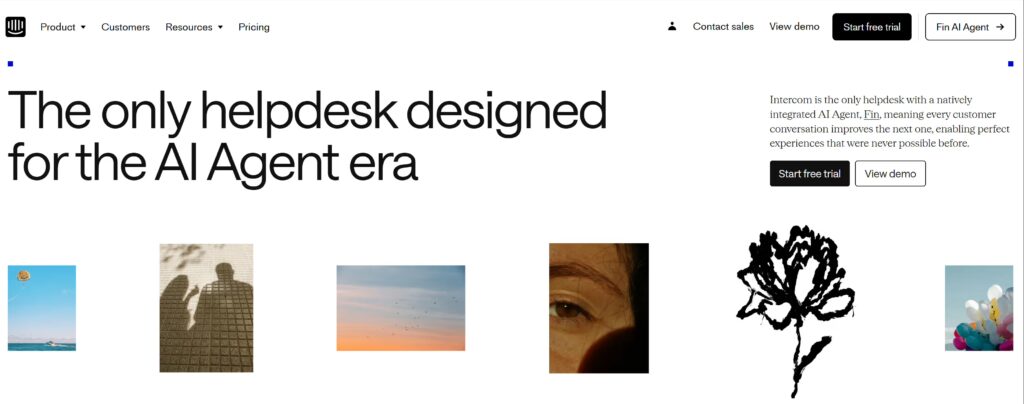 Intercom homepage promoting an AI-powered helpdesk, featuring messaging about AI agents, customer conversations, and tools for improving support experiences.