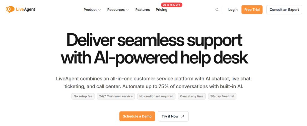 LiveAgent homepage displaying AI-powered help desk platform with features like live chat, ticketing, and call center, along with options to schedule a demo or start a free trial.