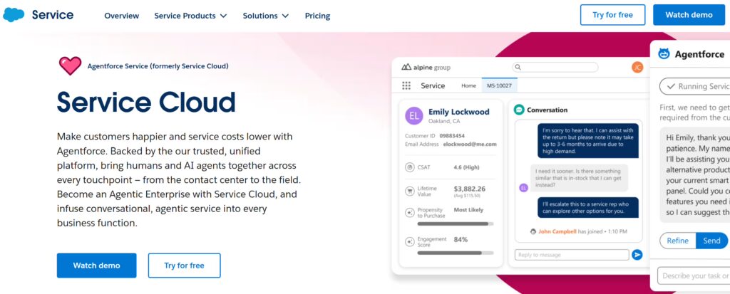 Salesforce Service Cloud homepage showing Agentforce interface with customer profile details, live chat conversation, and AI-assisted support panel for handling customer service requests.