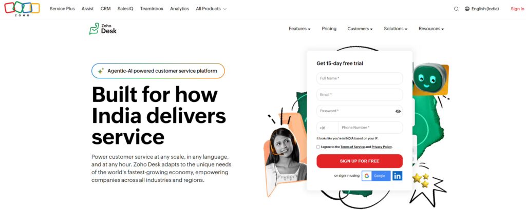 Zoho Desk homepage highlighting “Built for how India delivers service,” with signup form overlay and visuals of AI-powered customer support tools and multilingual service capabilities.