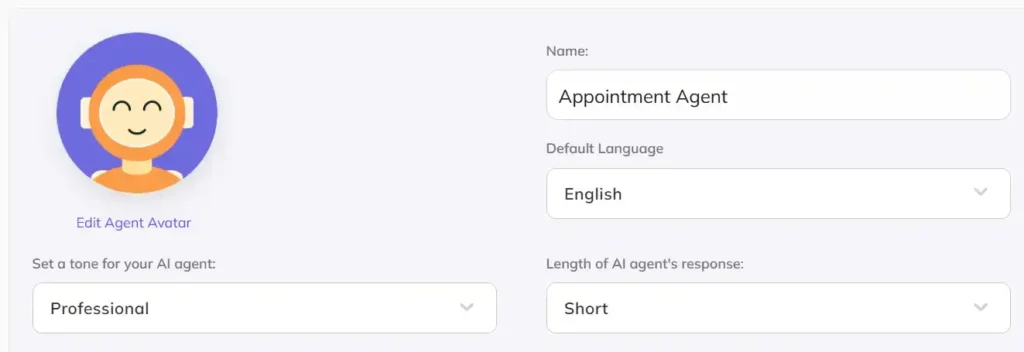 “Screenshot of AI agent profile configuration in Kommunicate showing agent name ‘Appointment Agent,’ default language set to English, tone set to Professional, and response length set to Short, along with an editable avatar.”