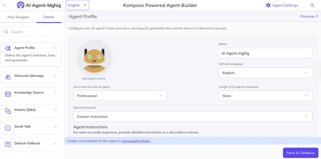 AI agent builder interface displaying agent profile settings including name, language, tone selection, and instruction configuration panel