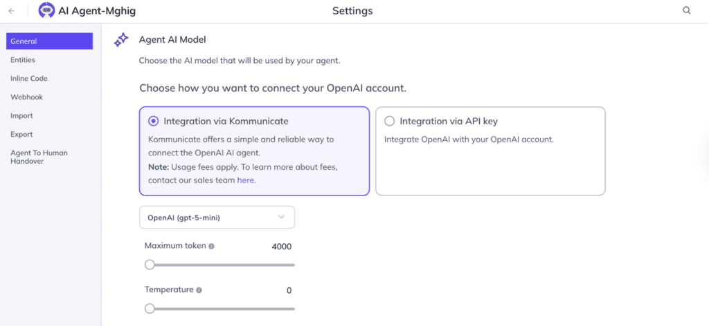 AI agent configuration screen showing model selection, integration options via Kommunicate or API key, and controls for token limit and temperature