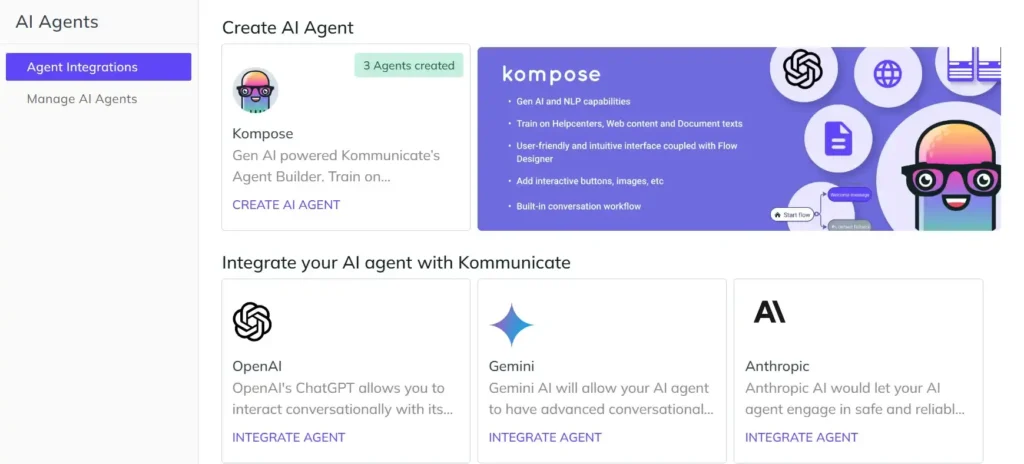 Kommunicate dashboard screenshot showing Step 1 of setting up a telecom billing dispute chatbot — creating an AI agent using Kompose and selecting an AI model integration from OpenAI, Google Gemini, or Anthropic Claude.