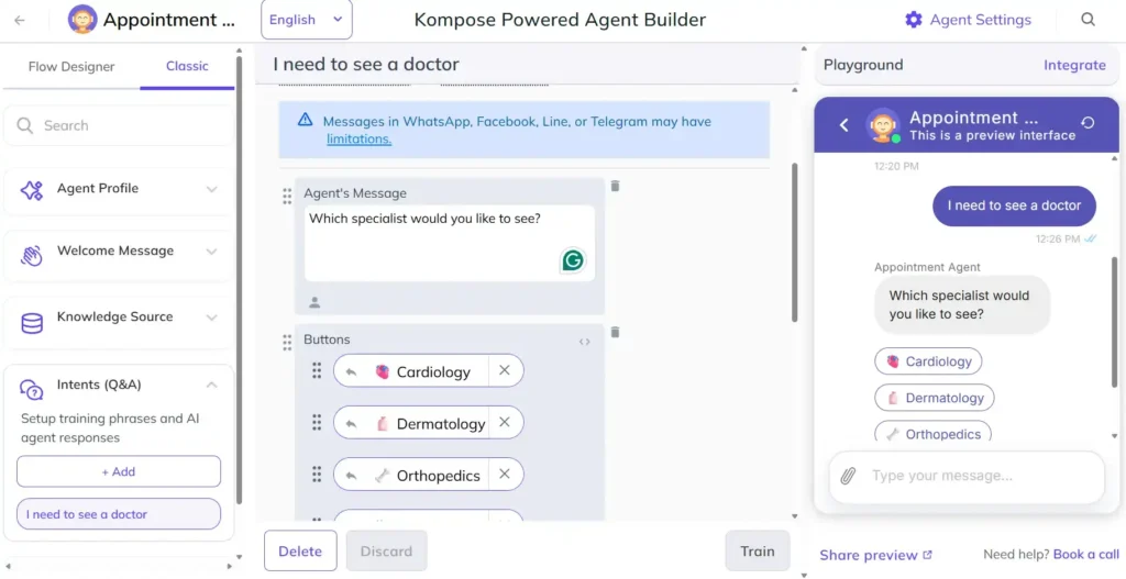 “Screenshot of Kommunicate flow builder showing an intent where the agent asks ‘Which specialist would you like to see?’ with buttons for Cardiology, Dermatology, and Orthopedics, alongside a live chat preview reflecting the same interaction.”