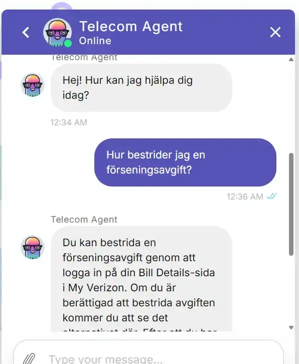 A live Kommunicate telecom billing chatbot conversation in Swedish, where a customer asks how to dispute a late fee and the Telecom Agent responds with instructions to log into the Bill Details page on My Verizon to check dispute eligibility.