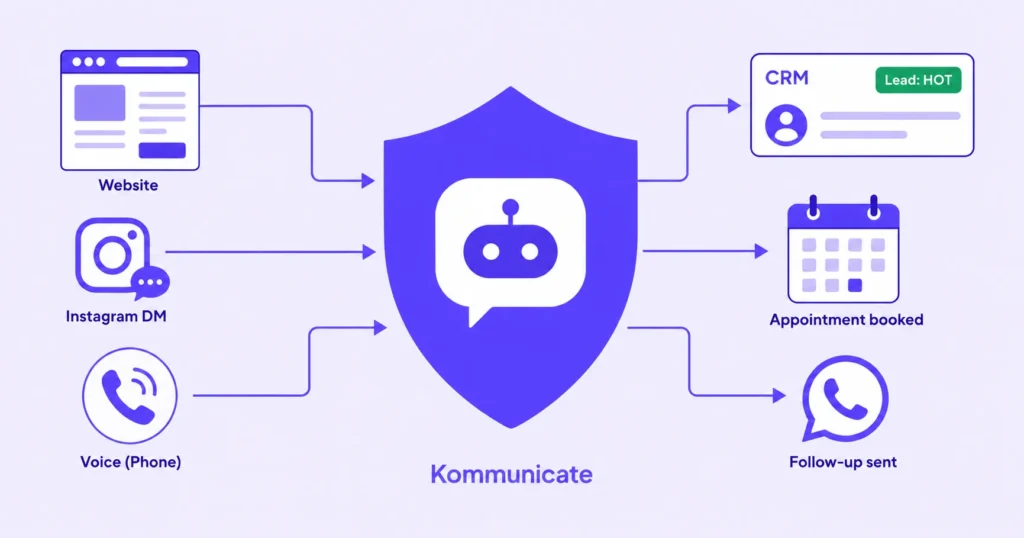 Insurance chatbot workflow showing website, Instagram DM, and voice channels feeding into Kommunicate, which sends qualified leads to CRM, books appointments, and triggers WhatsApp follow-ups.