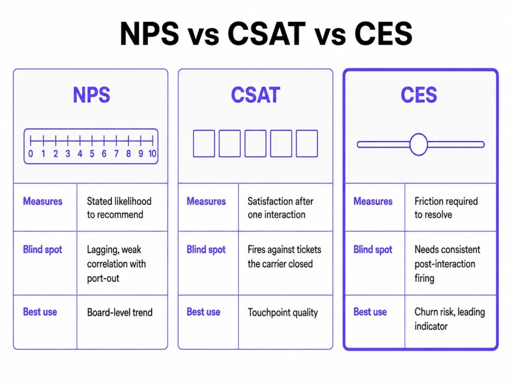 Compare NPS, CSAT and CES for predicting telecom churn