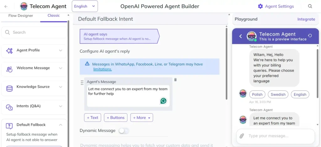Kommunicate dashboard screenshot showing Step 4 of telecom billing chatbot setup — configuring the Default Fallback Intent with an agent escalation message reading "Let me connect you to an expert from my team," with a live playground preview showing the handoff response after a language selection interaction.