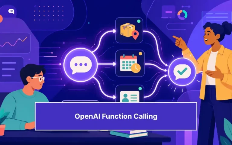 Illustration labeled “OpenAI Function Calling” showing a chatbot workflow. A user on the left interacts with a chat interface, which connects to multiple actions such as package tracking, scheduling, and profile data. These actions flow into a final confirmed response on the right, where a person points at the result. The design uses glowing connection lines on a dark, futuristic background to represent automated, multi-step AI operations.