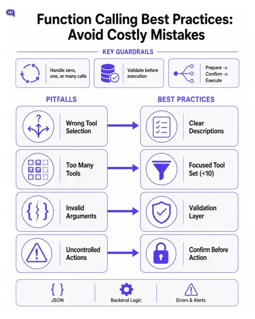 Infographic titled “Function Calling Best Practices: Avoid Costly Mistakes.” It outlines key guardrails such as handling multiple function calls, validating before execution, and using a prepare-confirm-execute flow. It contrasts common pitfalls—wrong tool selection, too many tools, invalid arguments, and uncontrolled actions—with best practices like clear descriptions, focused tool sets under 10, validation layers, and confirmation before execution. Supporting elements include JSON, backend logic, and error handling.