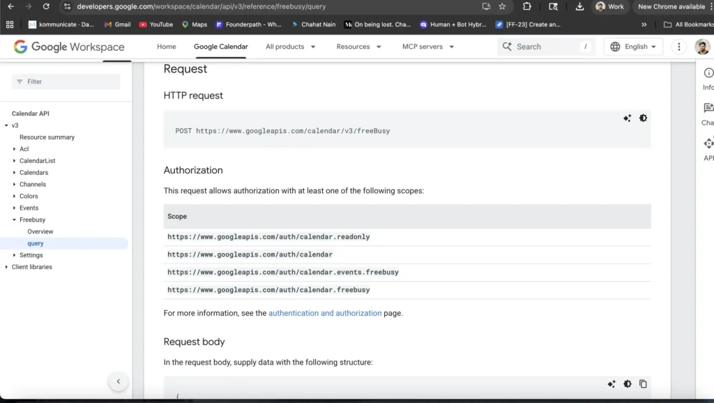 “Screenshot of Google Workspace documentation for the Google Calendar API freeBusy query endpoint. The page shows an HTTP POST request to the /calendar/v3/freeBusy endpoint, along with authorization scopes such as calendar.readonly and calendar.events.freebusy, and a section introducing the request body structure.”