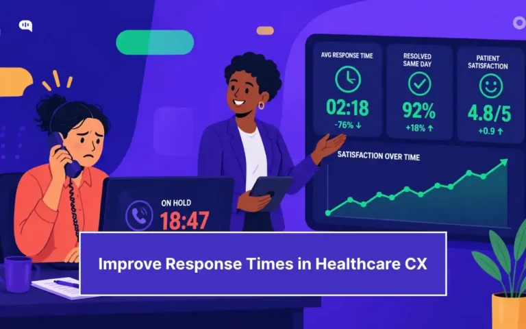 A frustrated patient on hold for 18 minutes alongside a healthcare dashboard showing improved response times, same-day resolution rates, and patient satisfaction scores after using patient engagement software