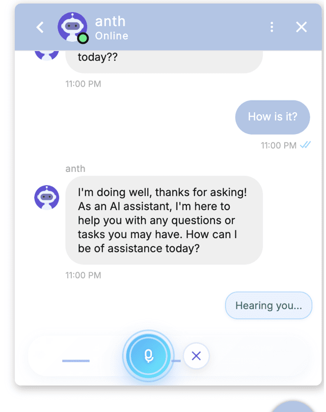 Chat conversation with AI assistant responding to user message, with voice input active and status indicator showing “Hearing you”