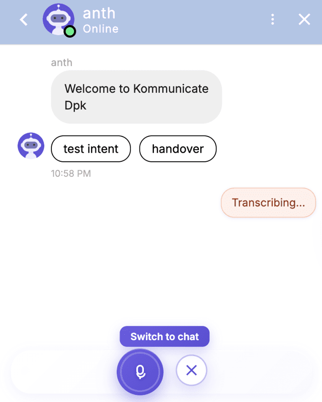 Mobile chat interface showing AI agent greeting with quick reply buttons and active voice input mode displaying “Transcribing”
