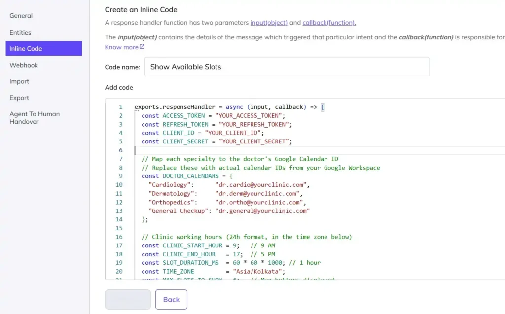“Screenshot of inline code setup in Kommunicate showing configuration for Google Calendar integration, including access tokens, doctor calendar mappings by specialty, clinic working hours, and slot duration logic.”