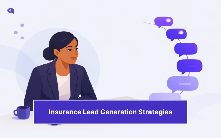 A professional woman sitting at a desk with a coffee cup, alongside a vertical stack of purple chat bubbles representing AI-powered conversations, illustrating insurance lead generation strategies.