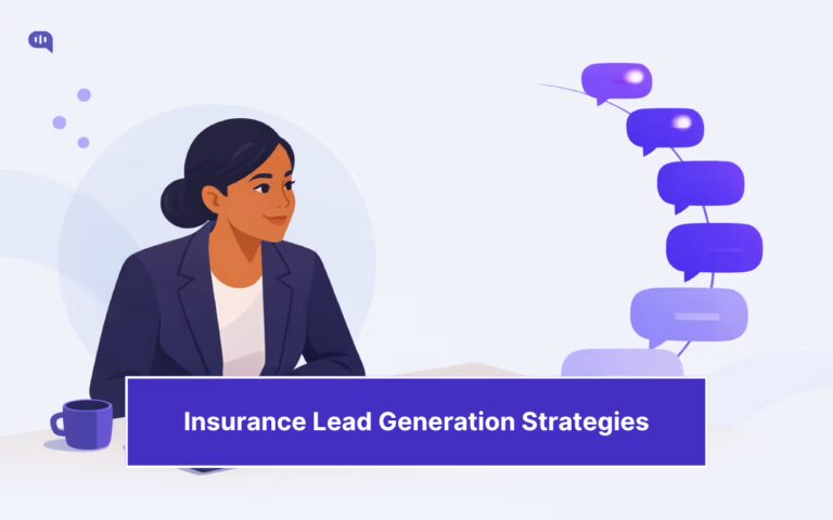 A professional woman sitting at a desk with a coffee cup, alongside a vertical stack of purple chat bubbles representing AI-powered conversations, illustrating insurance lead generation strategies.
