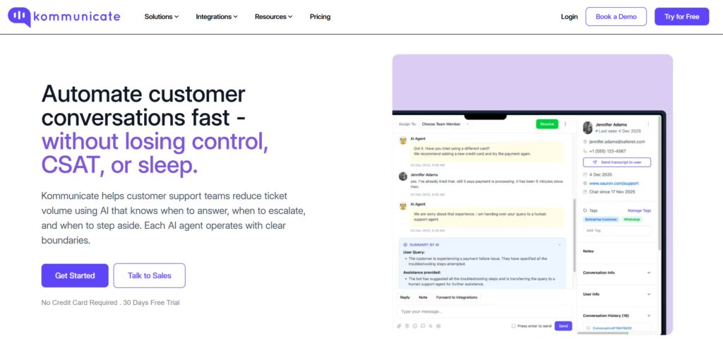 Kommunicate homepage showing the headline 'Automate customer conversations fast – without losing control, CSAT, or sleep,' with a screenshot of their AI-powered customer support dashboard featuring an AI agent handing off a payment issue to a human agent.