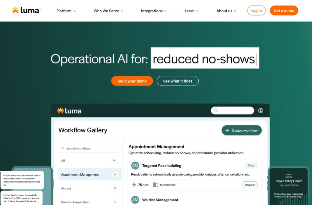 Luma Health homepage with the headline 'Operational AI for: reduced no-shows' on a dark green background, showing a screenshot of their Workflow Gallery dashboard with Appointment Management workflows including Targeted Rescheduling and Waitlist Management.