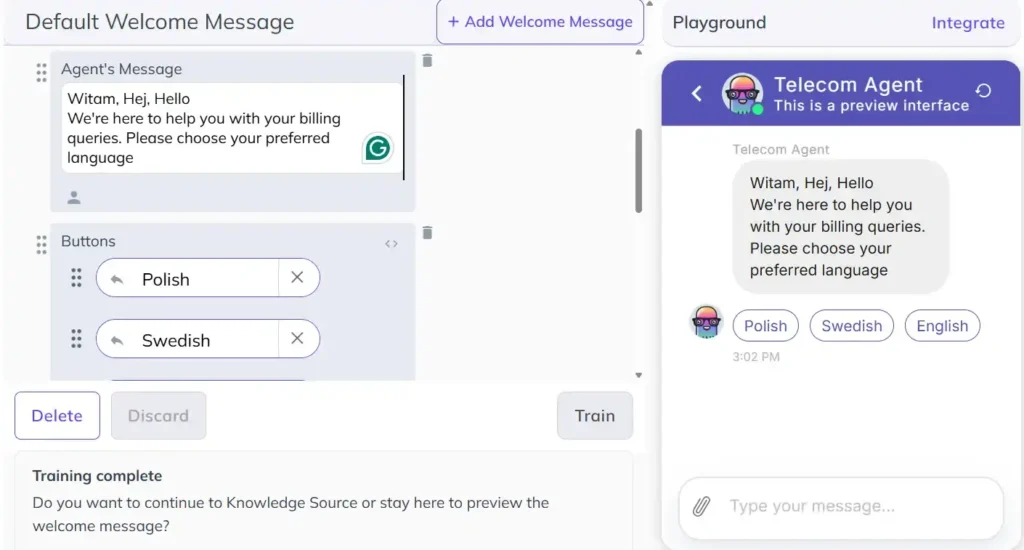Kommunicate dashboard screenshot showing Step 2 of telecom billing chatbot setup — configuring a multilingual welcome message that greets customers in Polish, Swedish, and English, with a live playground preview of the Telecom Agent offering language selection buttons.