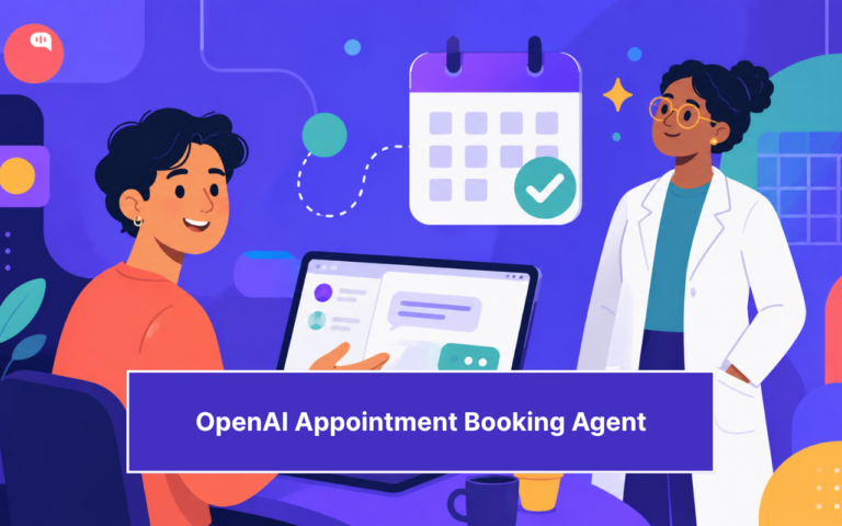 Illustration of an AI-powered appointment booking scenario showing a patient interacting with a chatbot on a laptop while a doctor stands nearby. A calendar icon with a checkmark indicates a confirmed appointment. The image includes the title “OpenAI Appointment Booking Agent” displayed prominently at the bottom.