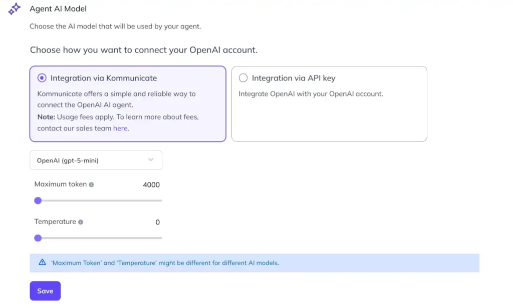“Screenshot of agent AI model configuration showing OpenAI integration options in Kommunicate, with ‘Integration via Kommunicate’ selected, model set to GPT-5-mini, and controls for maximum tokens and temperature.”