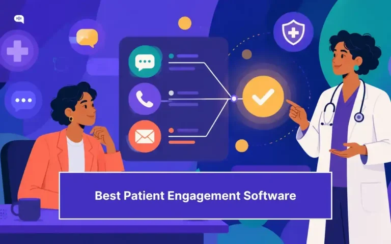 A doctor points to a connected healthcare communication dashboard showing chat, phone, email, and confirmation icons, while a patient looks on, representing patient engagement software that automates communication, appointment follow-ups, and care coordination.