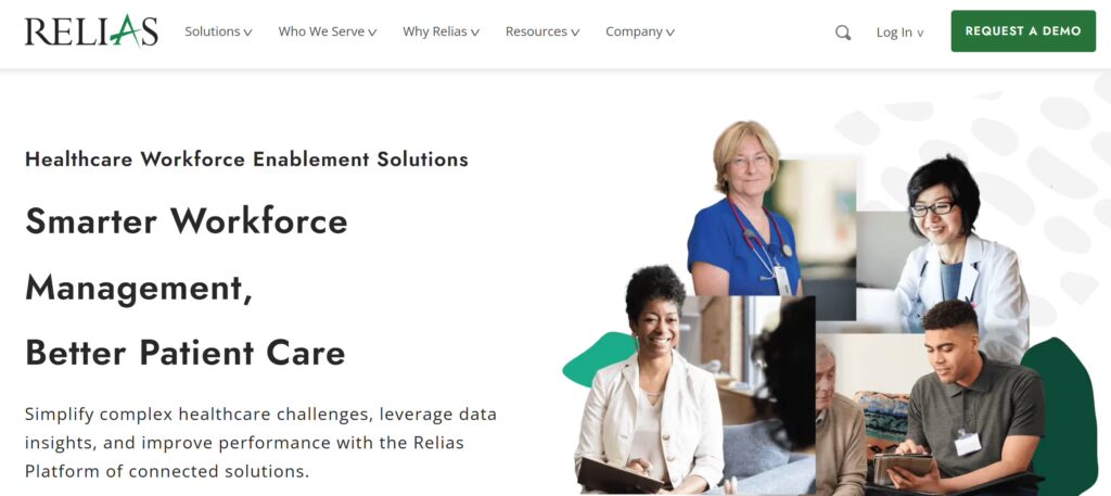 Relias homepage with the headline 'Smarter Workforce Management, Better Patient Care,' featuring a collage of four diverse healthcare professionals including a nurse, a doctor, a healthcare administrator, and a caregiver with a patient.