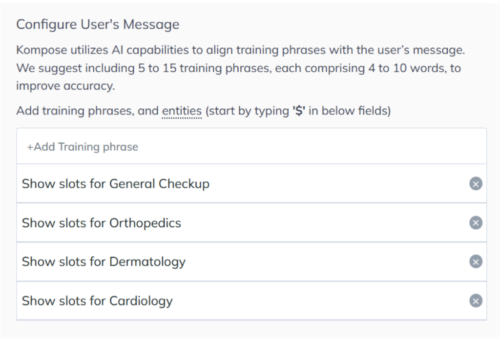 “Screenshot of intent training configuration in Kommunicate showing training phrases like ‘Show slots for General Checkup,’ ‘Orthopedics,’ ‘Dermatology,’ and ‘Cardiology’ to help the AI understand slot availability queries.”