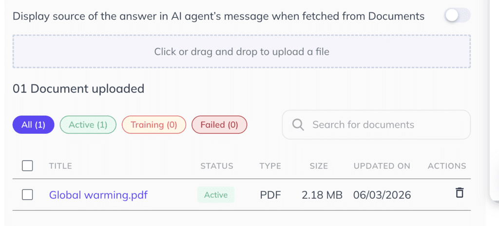AI knowledge base document upload interface showing a PDF file marked active with file size and upload date details
