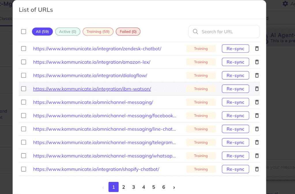 List of URLs being trained for AI knowledge base with status indicators, resync options, and pagination controls
