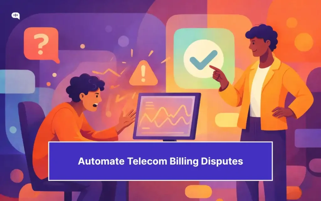 A frustrated customer gestures at a computer screen showing billing data while a support agent points to a checkmark resolution icon, representing automated telecom billing dispute resolution.