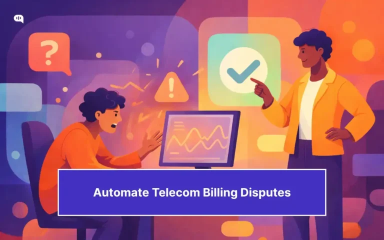 A frustrated customer gestures at a computer screen showing billing data while a support agent points to a checkmark resolution icon, representing automated telecom billing dispute resolution.