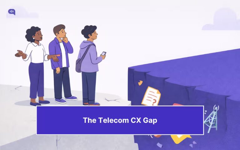 Telecom customers standing at the edge of a gap representing the telecom customer experience breakdown