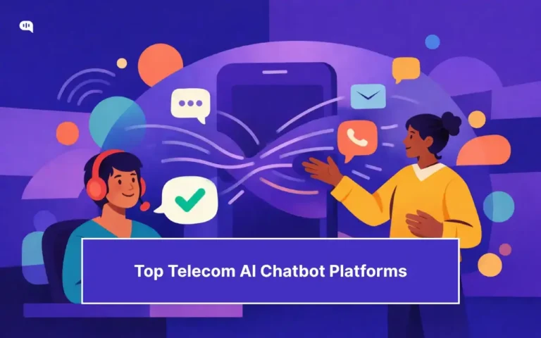 A customer support agent with headphones resolving a telecom query through an AI chatbot platform, with chat, email, and call icons flowing between a smartphone and a human customer.