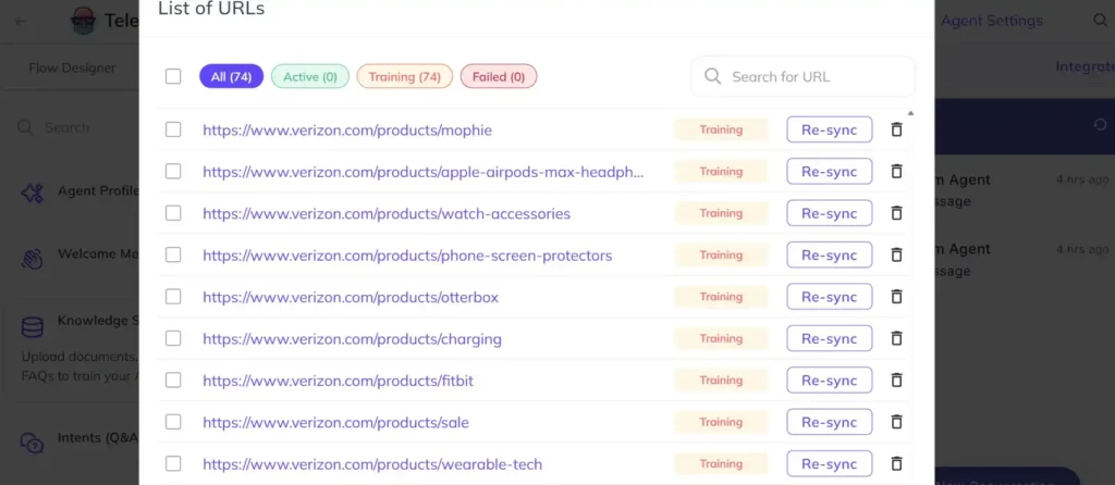 Alt text:
Kommunicate Knowledge Source dashboard showing Step 3 of telecom billing chatbot training — a list of 74 Verizon support page URLs queued for AI agent training, with status indicators showing all URLs currently in the Training state and Re-sync options available for each.