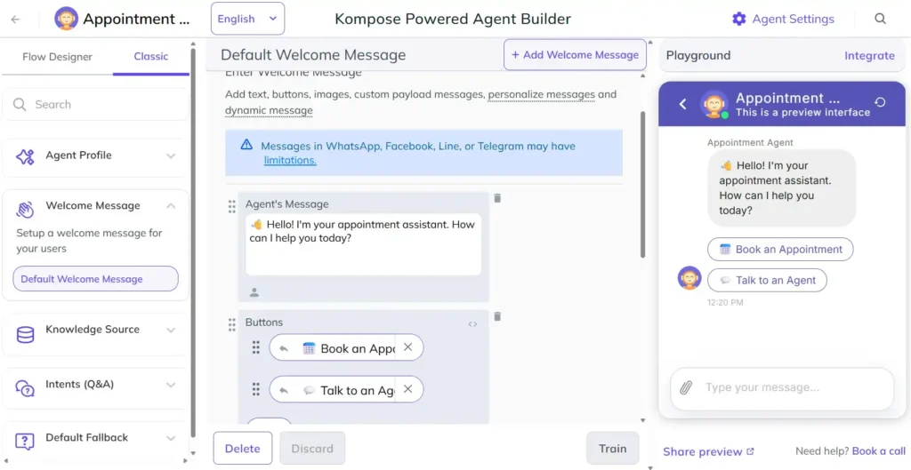 “Screenshot of Kommunicate Agent Builder showing default welcome message setup with text ‘Hello! I’m your appointment assistant. How can I help you today?’ along with buttons for ‘Book an Appointment’ and ‘Talk to an Agent,’ and a live chat preview on the right.”