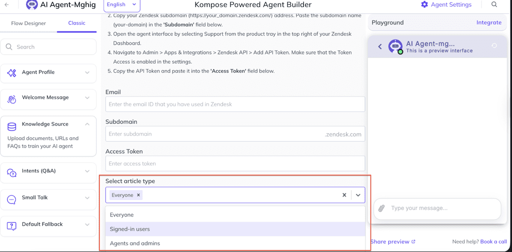 Zendesk integration setup screen with fields for email, subdomain, access token, and article type selection dropdown