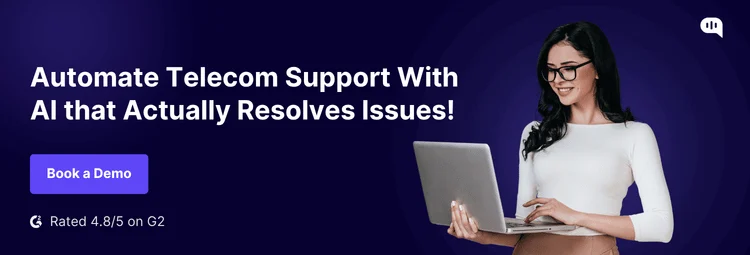 Resolve Telecom Support Issues with AI - Book a Demo now! CTA banner for AI-powered telecom customer service focused on resolving customer issues, showing a professional using a laptop and a book a demo call-to-action