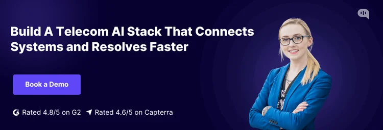 Build a Connected Telecom AI Stack with Kommunicate CTA banner illustrating telecom AI stack integration across systems to improve customer service resolution speed, featuring a professional and demo call-to-action