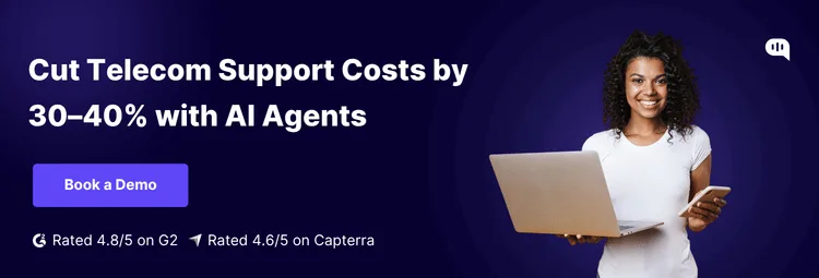 Cut Telecom Support Costs with AICut Telecom Support Costs with AI CTA banner showing telecom customer service automation with AI agents highlighting 30–40% cost reduction, featuring a support professional using a laptop and a call-to-action to book a demo