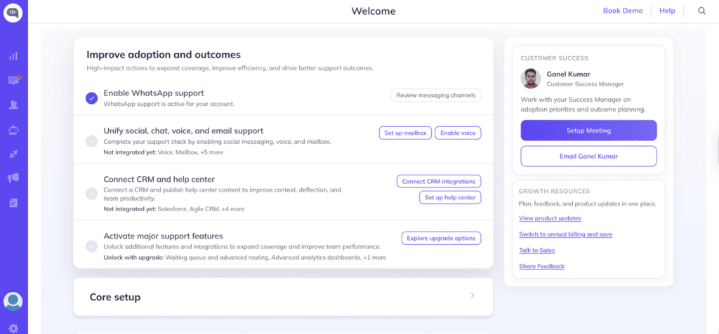 Customer support dashboard showing onboarding checklist with options to enable WhatsApp, unify channels, connect CRM, and activate advanced support features