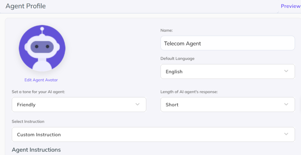 Kommunicate Agent Profile setup screen for a telecom billing chatbot, showing configuration options including agent name set to "Telecom Agent," default language as English, tone set to Friendly, response length set to Short, and a Custom Instruction field for adding billing-specific prompts.