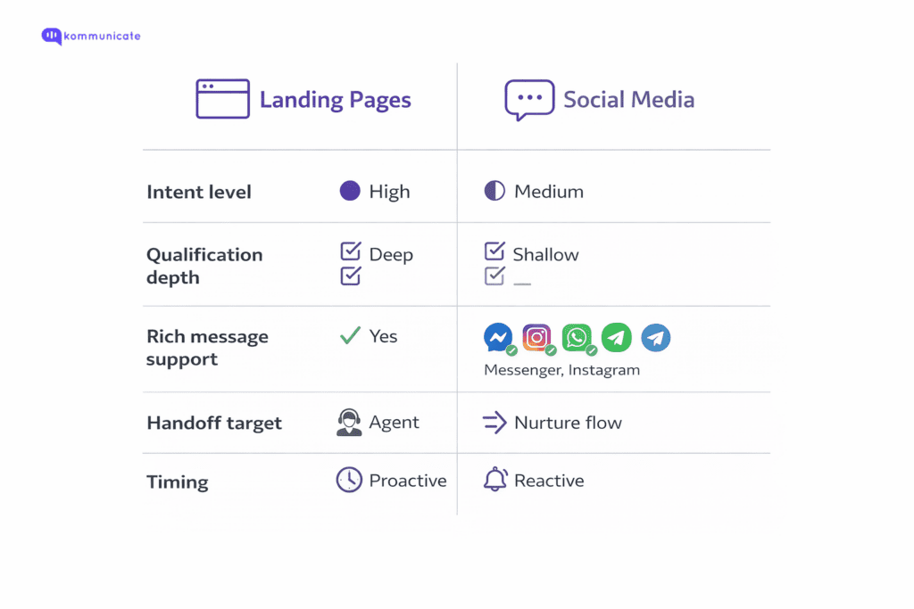 Comparison of insurance lead generation channels showing landing pages with high intent, deep qualification, and proactive agent handoff versus social media with medium intent and nurture-based follow-up